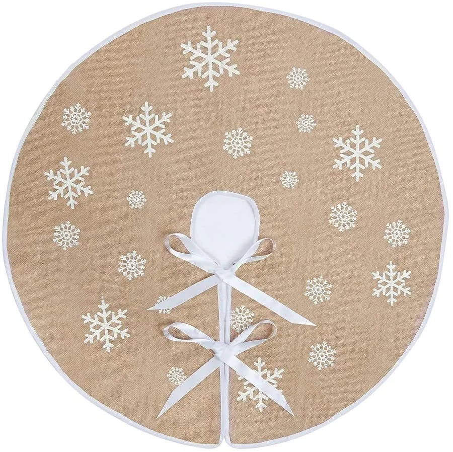 Burlap Tree Skirt 48 Inch Round Hot Sale New Year Decoration Linen Christmas Tree Skirt with Snowflake